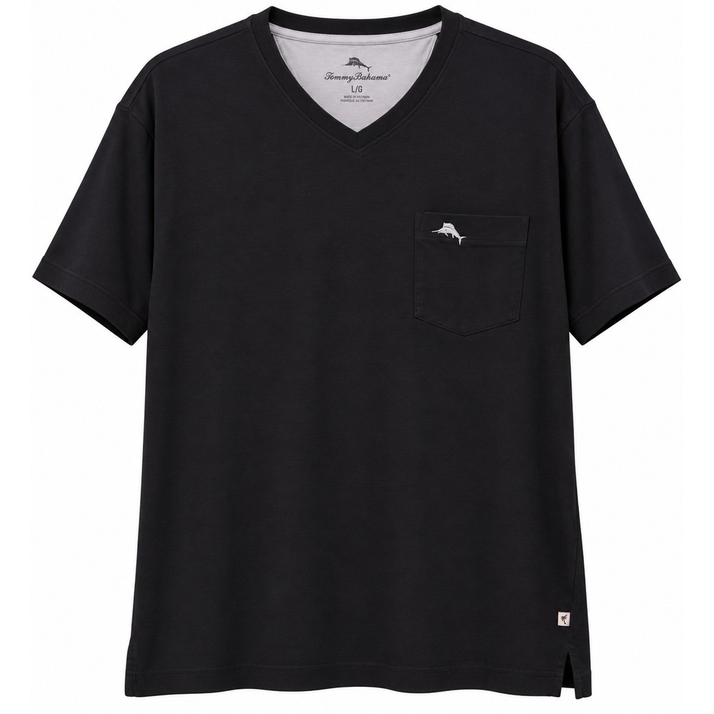 Tommy Bahama Men's L/G Black V-Neck Pocket T-Shirt, Marlin Logo Short Sleeve